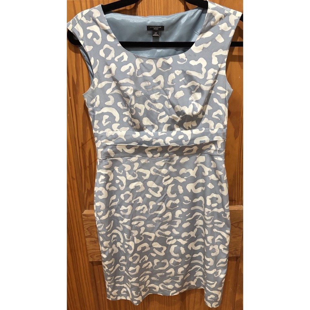 Ann Taylor Silk Dress Size 2 Petite Blue Ivory Leopard Print Sleeveless Sheath